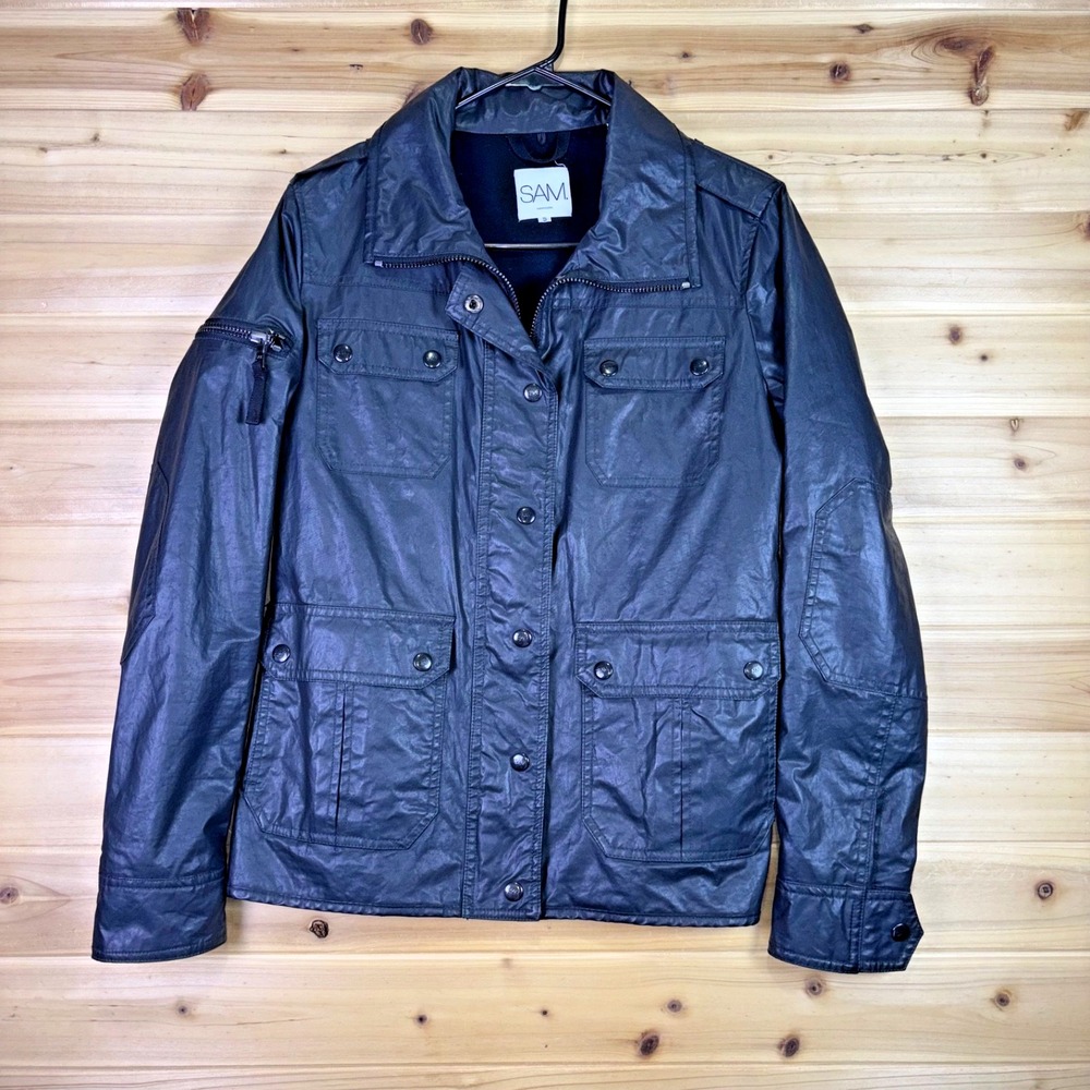Sam New York Jacket Womens Small Black Waxed Cotton Multi-Pocket Moto Jacket